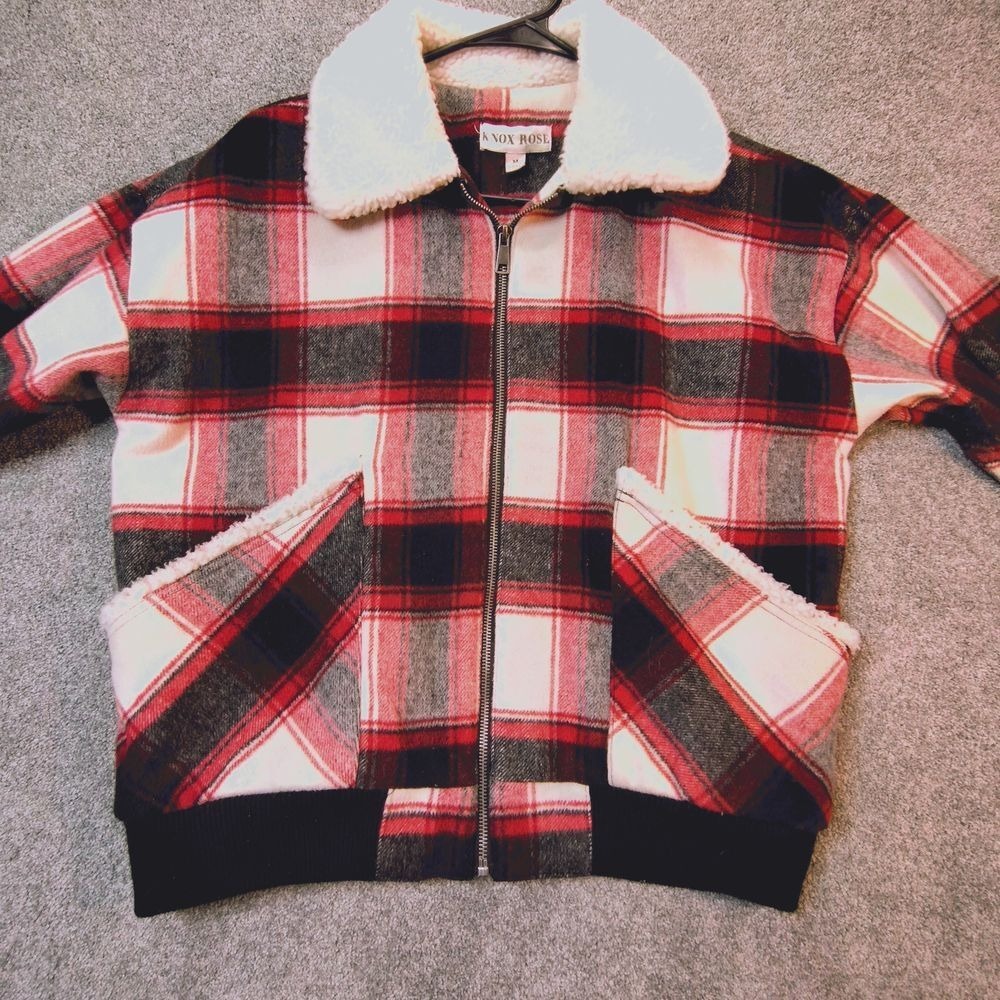 Knox Rose Plaid Sherpa Lined Zip-Up Jacket Cozy Winter Coat Red White Gray M